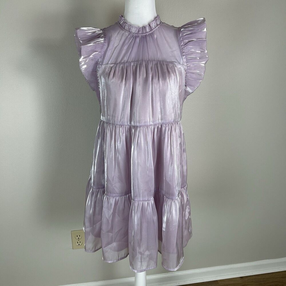 Entro Iridescent Dress M Shiny Properly Ruffle Mini Babydoll Glam Chic Coquette - Picture 2 of 4